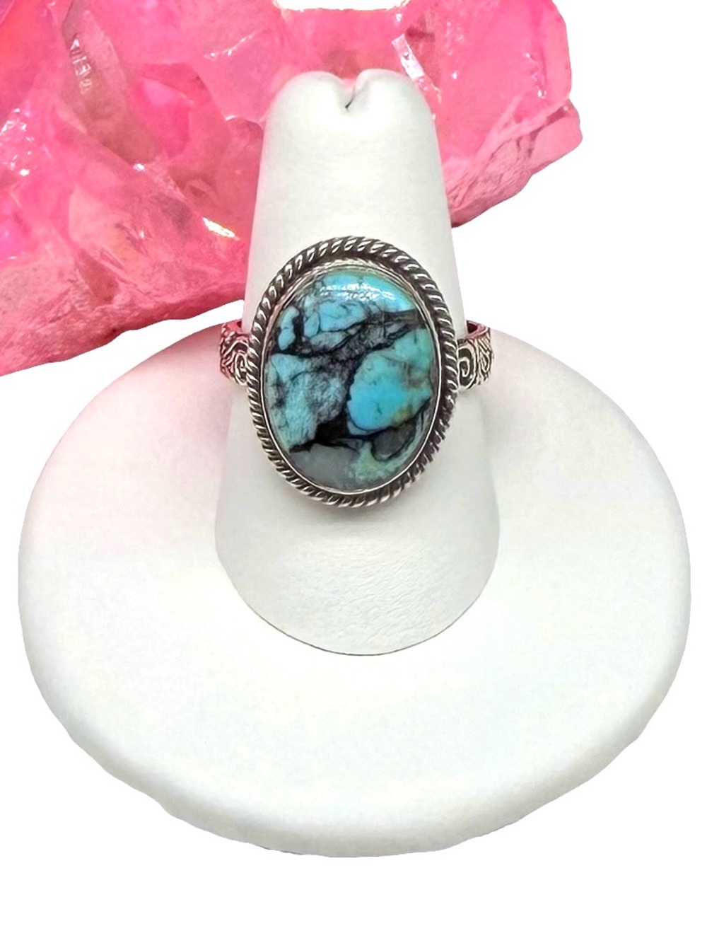 Tibetan Turquoise Ring Size 8 Solid 925 Sterling Silver Oval Stone Blue